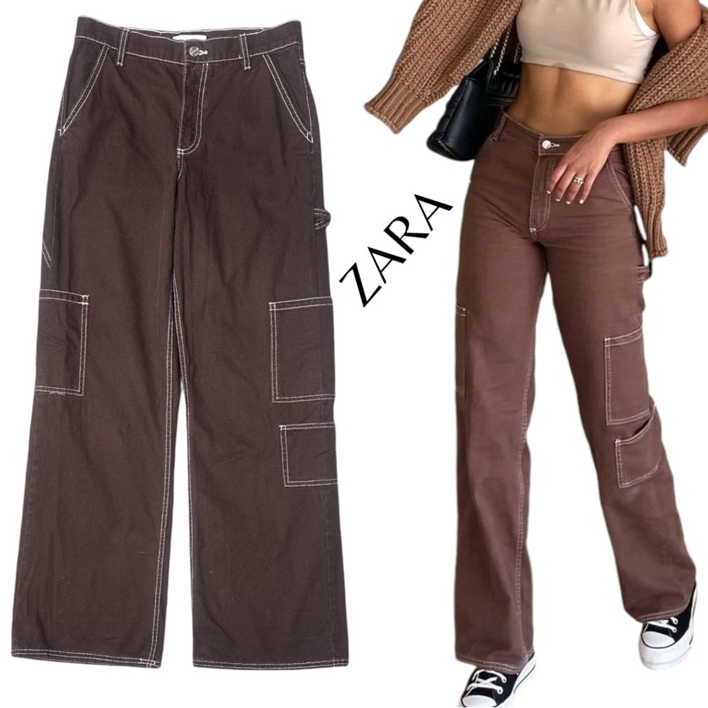 Zara Brown Wide Leg Cargo Pants with White Contrast Stitching